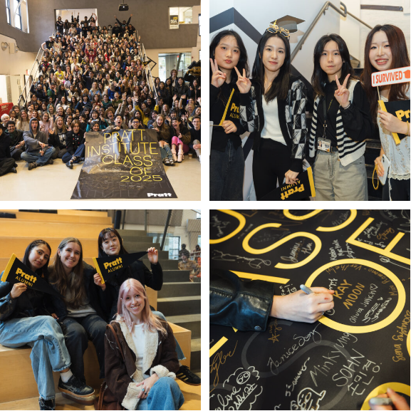 Students gathered for a class photo in the Student Union, a close up of a hand signing a banner, and students holding up Pratt flags at the event.